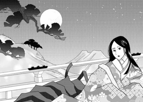 Illustration of a Japanese woman looking at the moon, ca. 800.