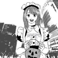 Illustration of a girl in a Halloween costume in Shibuya