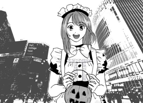 Illustration of a girl in a Halloween costume in Shibuya